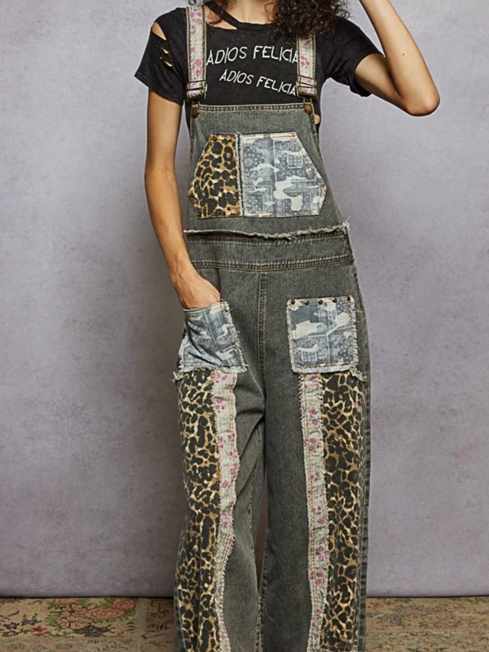 POL Grey  Denim Patchwork Overalls with Leopard Trim